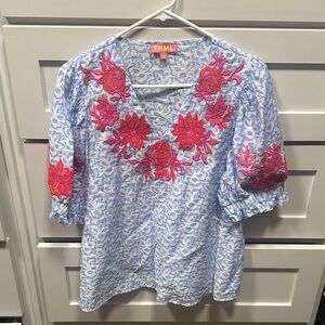 THML Light Blue Blouse with Red Floral Embroidery